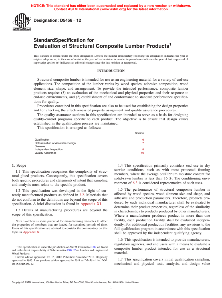ASTM D5456-12 - Standard Specification for Evaluation of Structural Composite Lumber Products