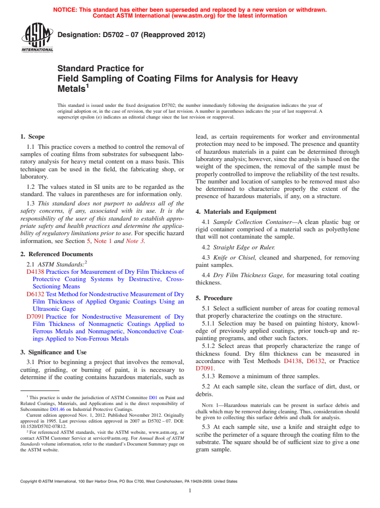 ASTM D5702-07(2012) - Standard Practice for  Field Sampling of Coating Films for Analysis for Heavy Metals