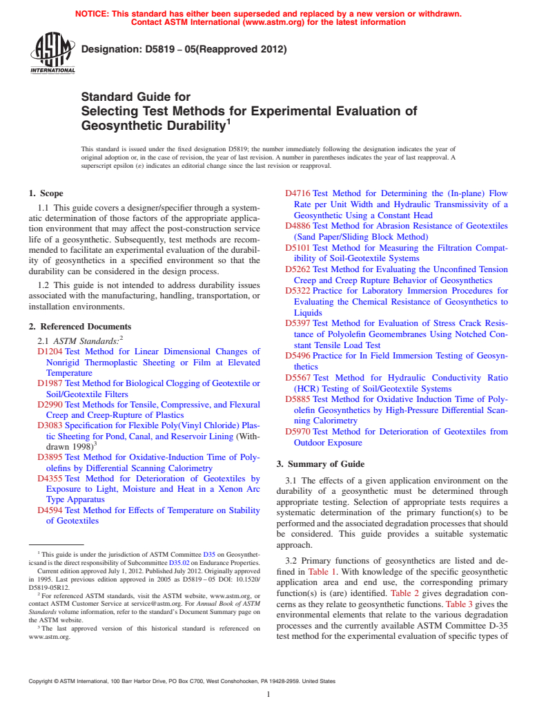 ASTM D5819-05(2012) - Standard Guide for  Selecting Test Methods for Experimental Evaluation of Geosynthetic   Durability