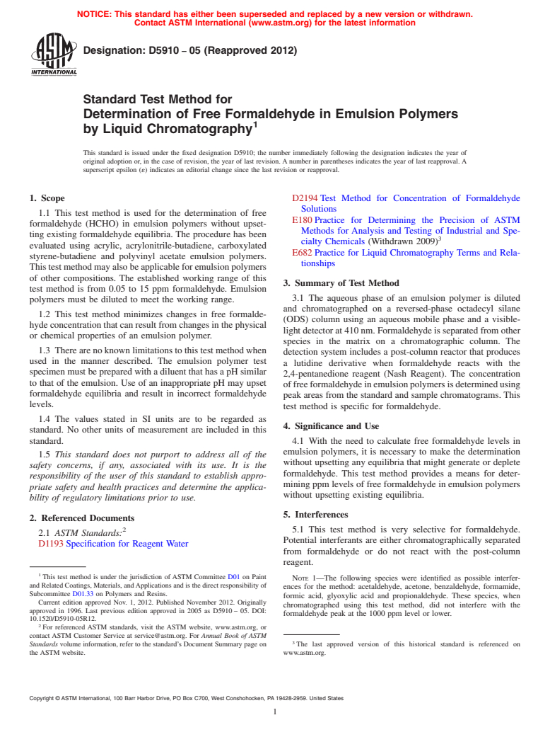 ASTM D5910-05(2012) - Standard Test Method for  Determination of Free Formaldehyde in Emulsion Polymers by   Liquid Chromatography