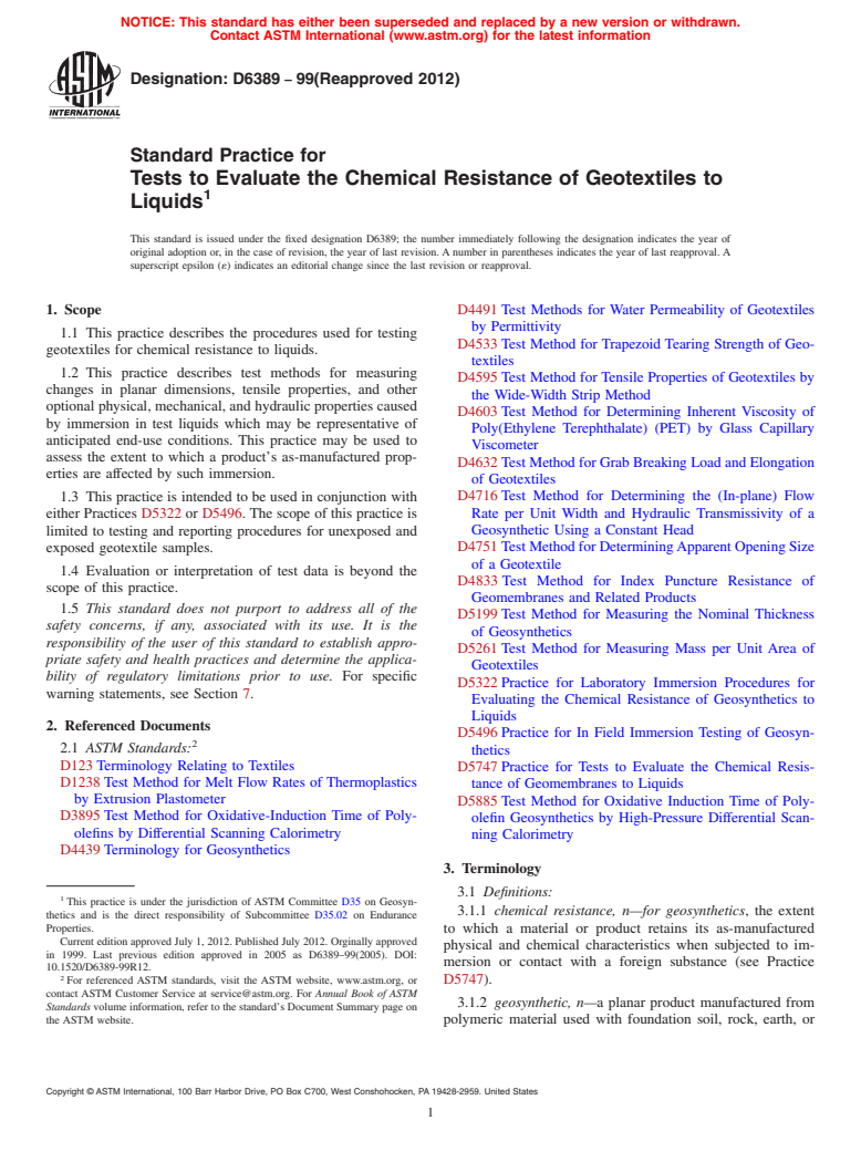 ASTM D6389-99(2012) - Standard Practice for  Tests to Evaluate the Chemical Resistance of Geotextiles to   Liquids