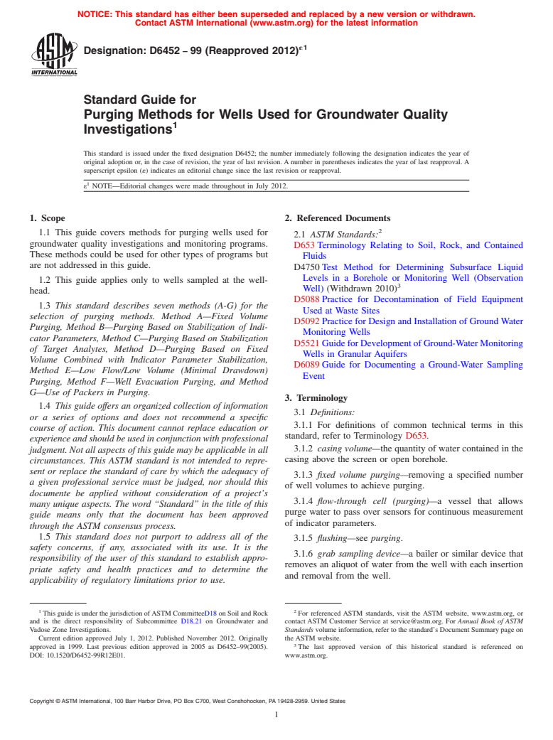 ASTM D6452-99(2012)e1 - Standard Guide for  Purging Methods for Wells Used for Groundwater Quality Investigations