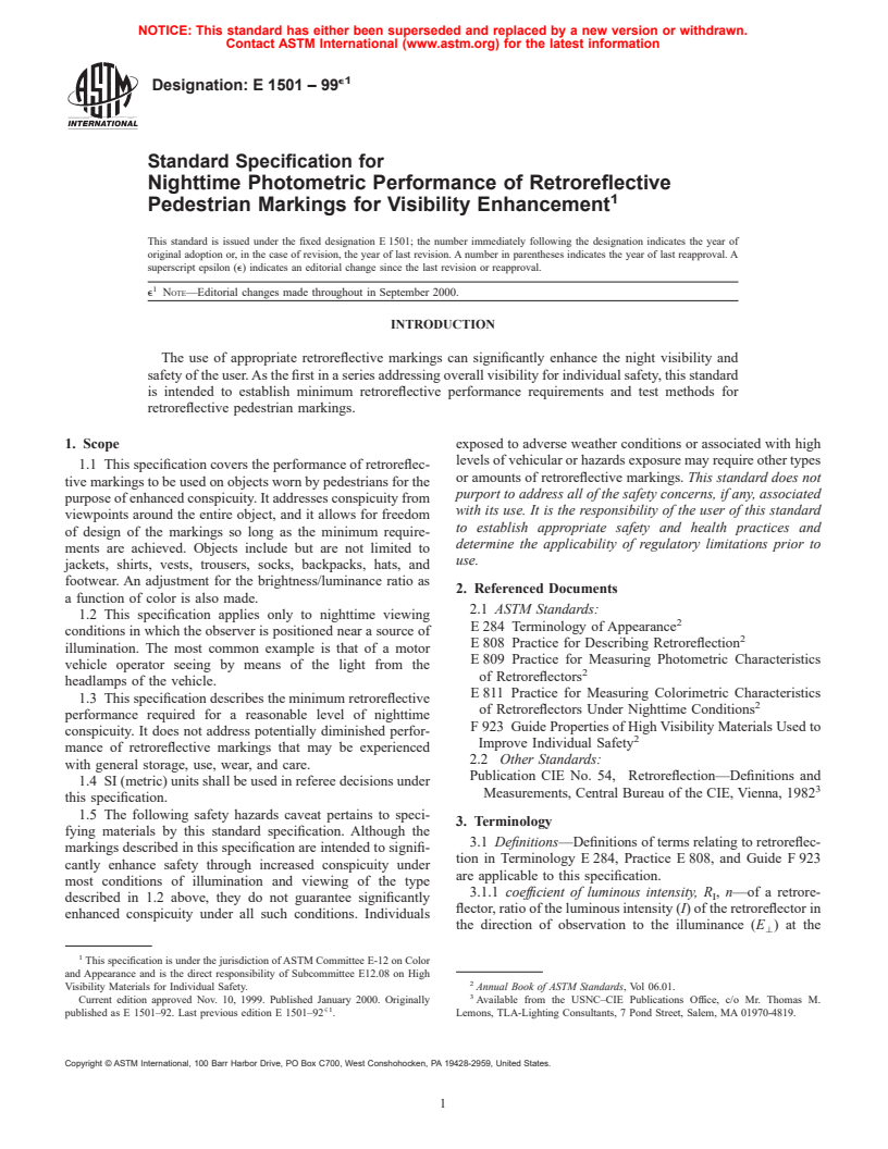 ASTM E1501-99e1 - Standard Specification for Nighttime Photometric Performance of Retroreflective Pedestrian Markings for Visibility Enhancement