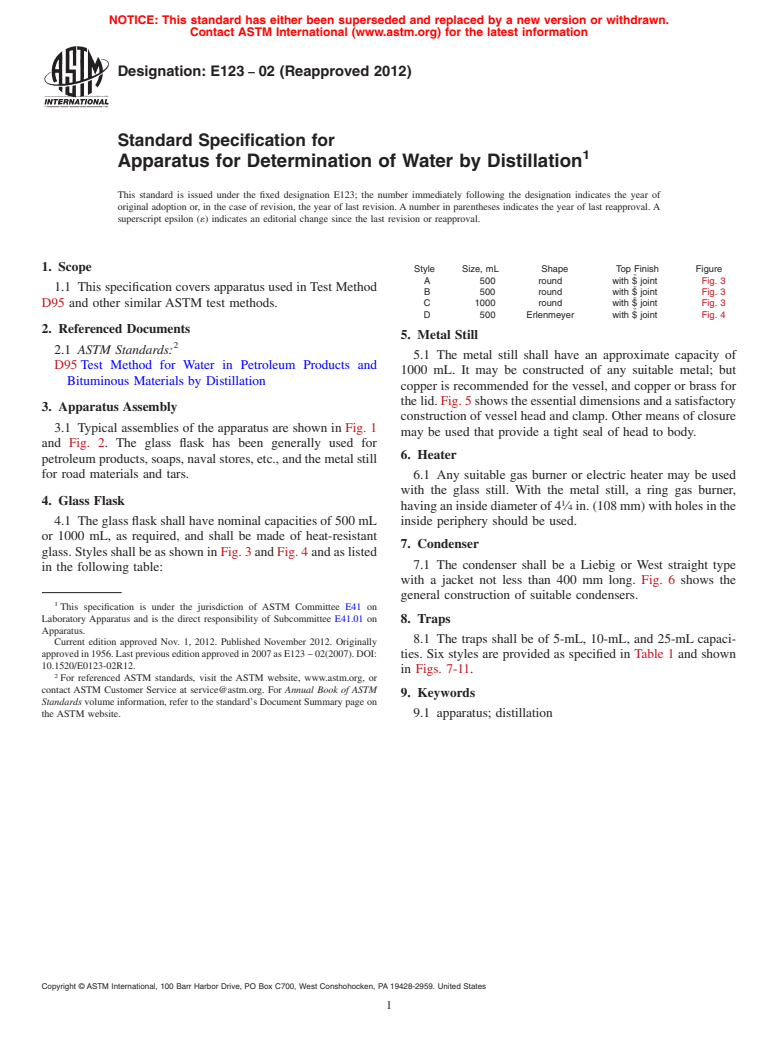 ASTM E123-02(2012) - Standard Specification for  Apparatus for Determination of Water by Distillation