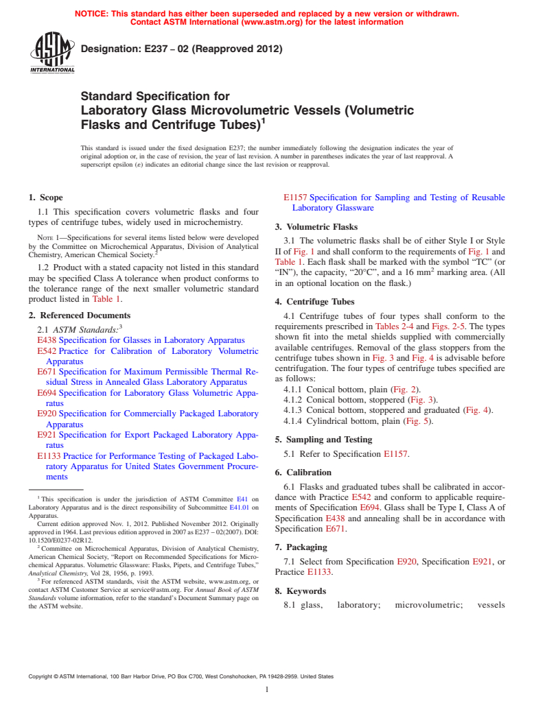 ASTM E237-02(2012) - Standard Specification for Laboratory Glass Microvolumetric Vessels (Volumetric Flasks and Centrifuge Tubes)