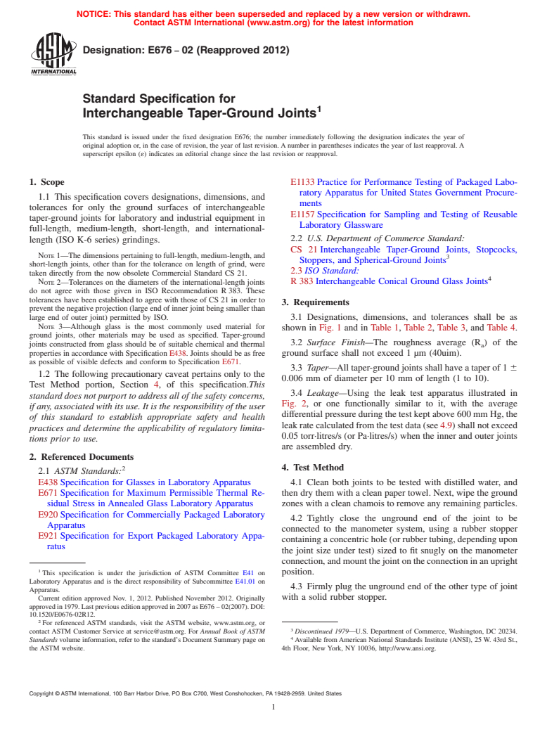 ASTM E676-02(2012) - Standard Specification for Interchangeable Taper-Ground Joints