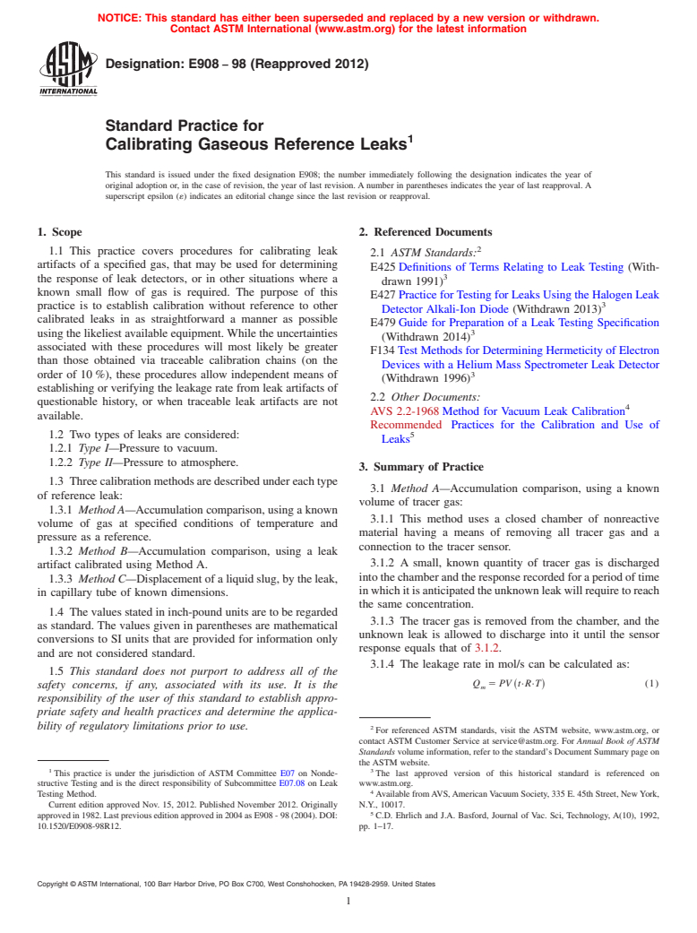 ASTM E908-98(2012) - Standard Practice for Calibrating Gaseous Reference Leaks