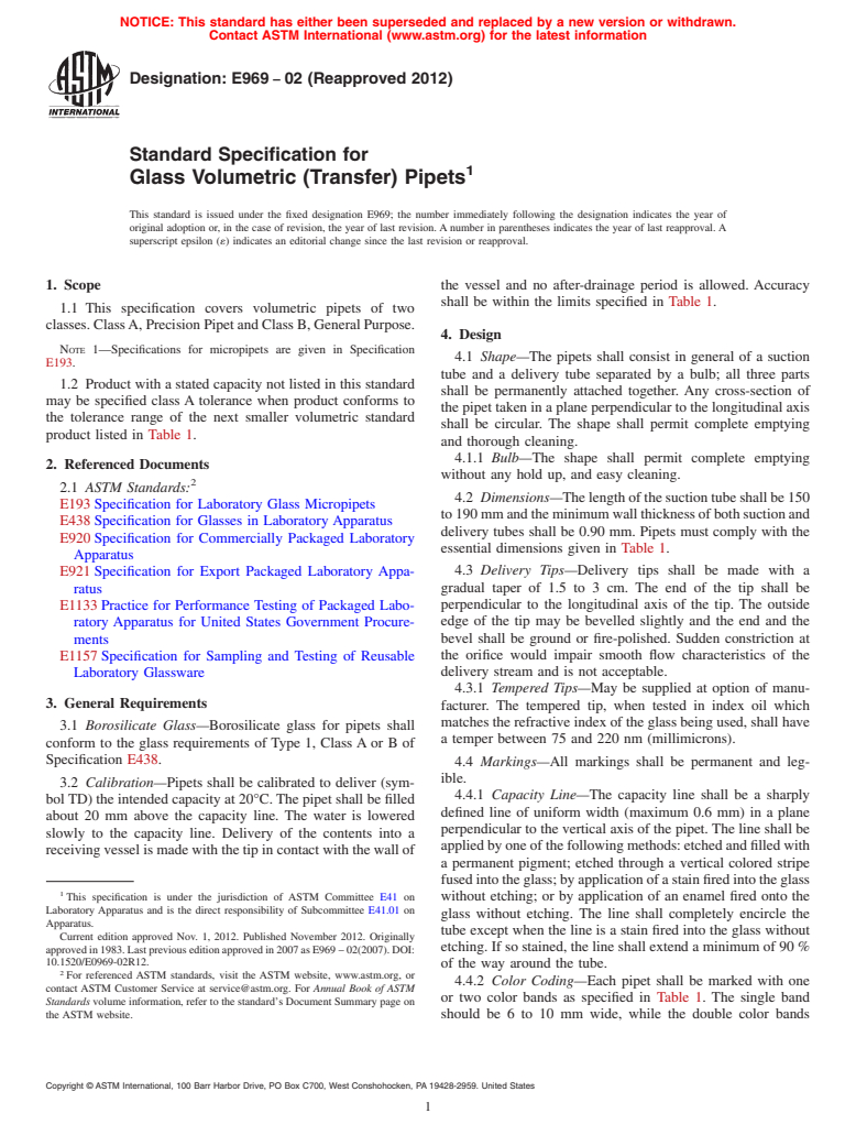 ASTM E969-02(2012) - Standard Specification for Glass Volumetric (Transfer) Pipets