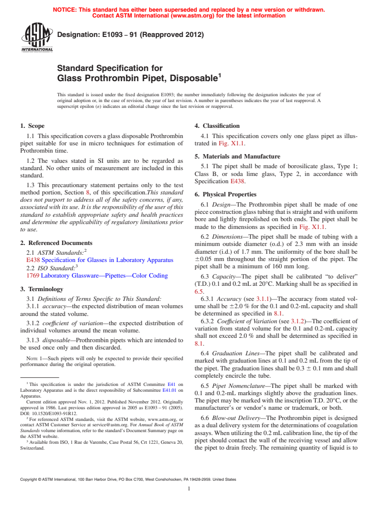 ASTM E1093-91(2012) - Standard Specification for  Glass Prothrombin Pipet, Disposable