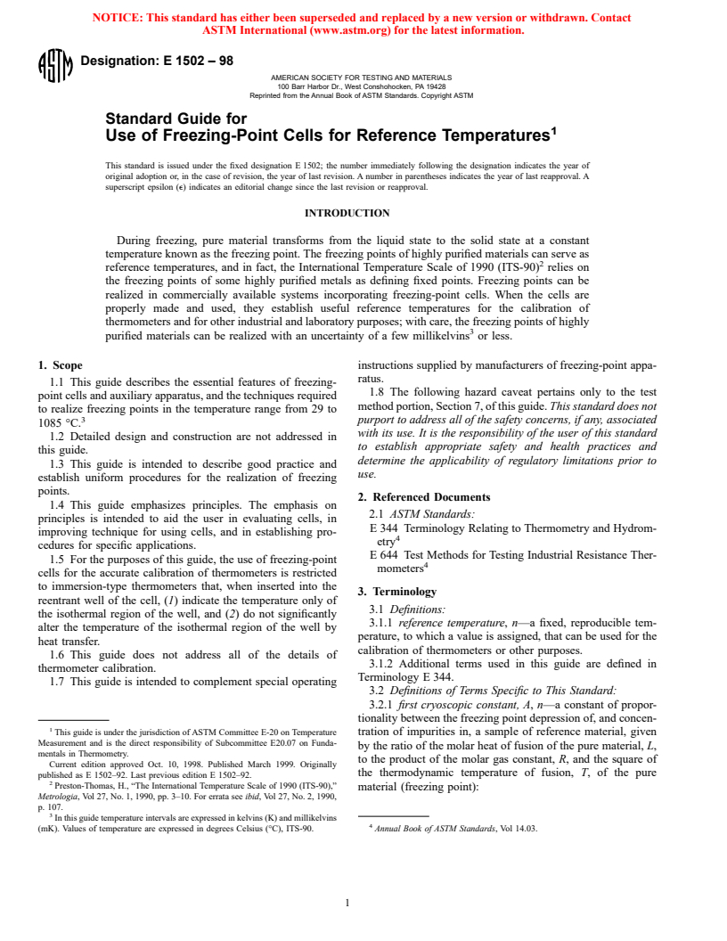 ASTM E1502-98 - Standard Guide for Use of Freezing-Point Cells for Reference Temperatures