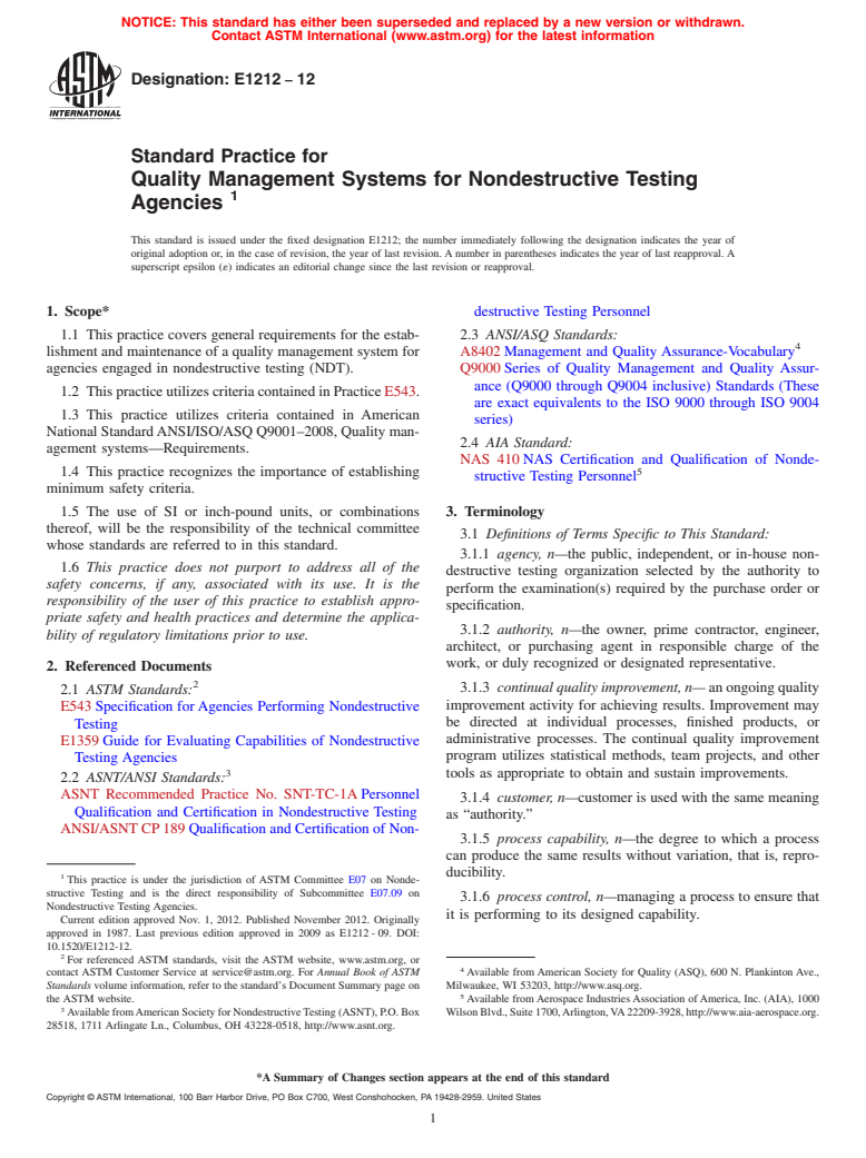 ASTM E1212-12 - Standard Practice for  Quality Management Systems for Nondestructive Testing Agencies