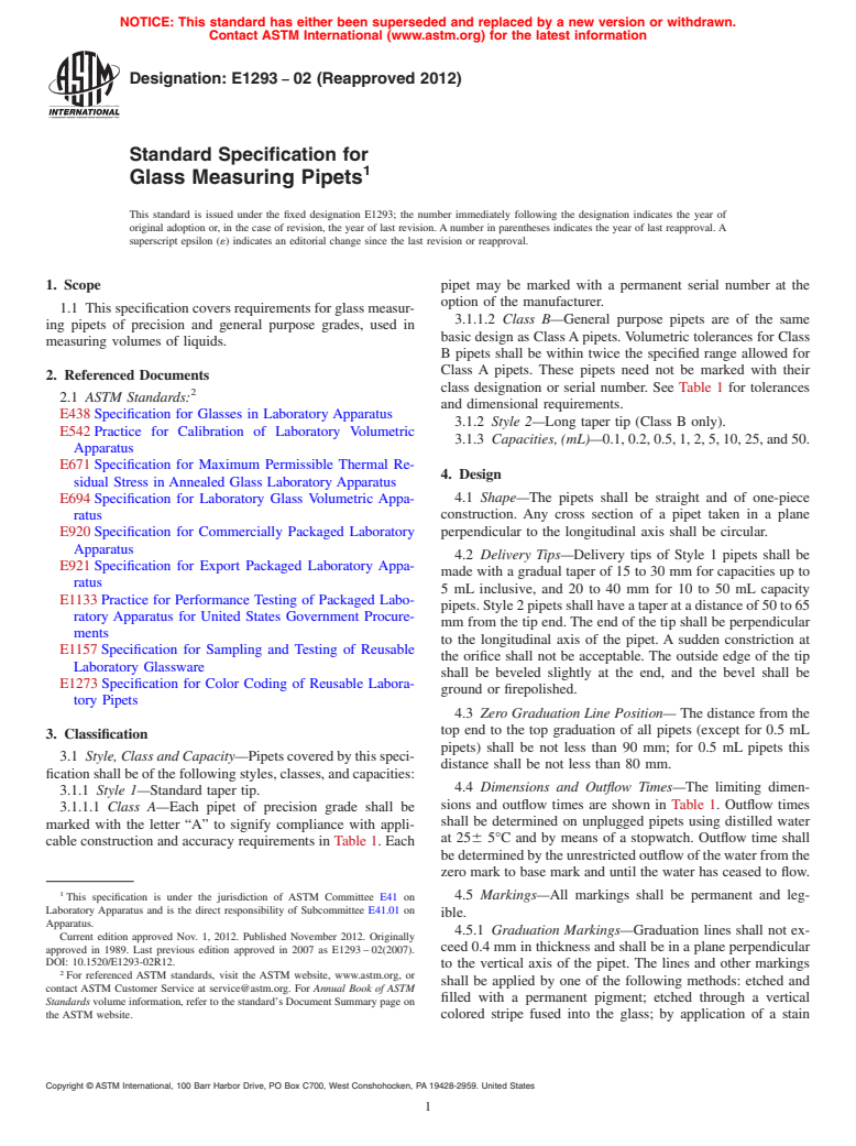 ASTM E1293-02(2012) - Standard Specification for  Glass Measuring Pipets