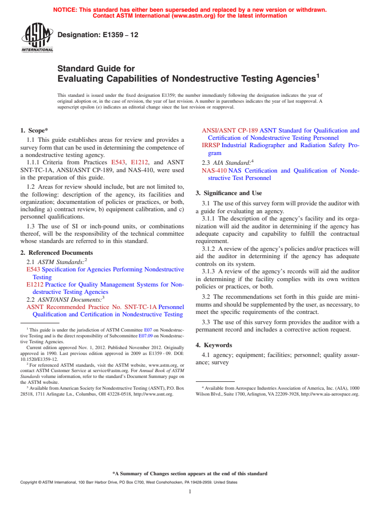 ASTM E1359-12 - Standard Guide for  Evaluating Capabilities of Nondestructive Testing Agencies