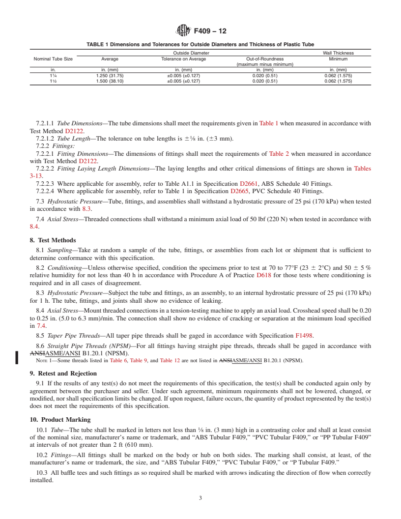 REDLINE ASTM F409-12 - Standard Specification for  Thermoplastic Accessible and Replaceable Plastic Tube and Tubular   Fittings