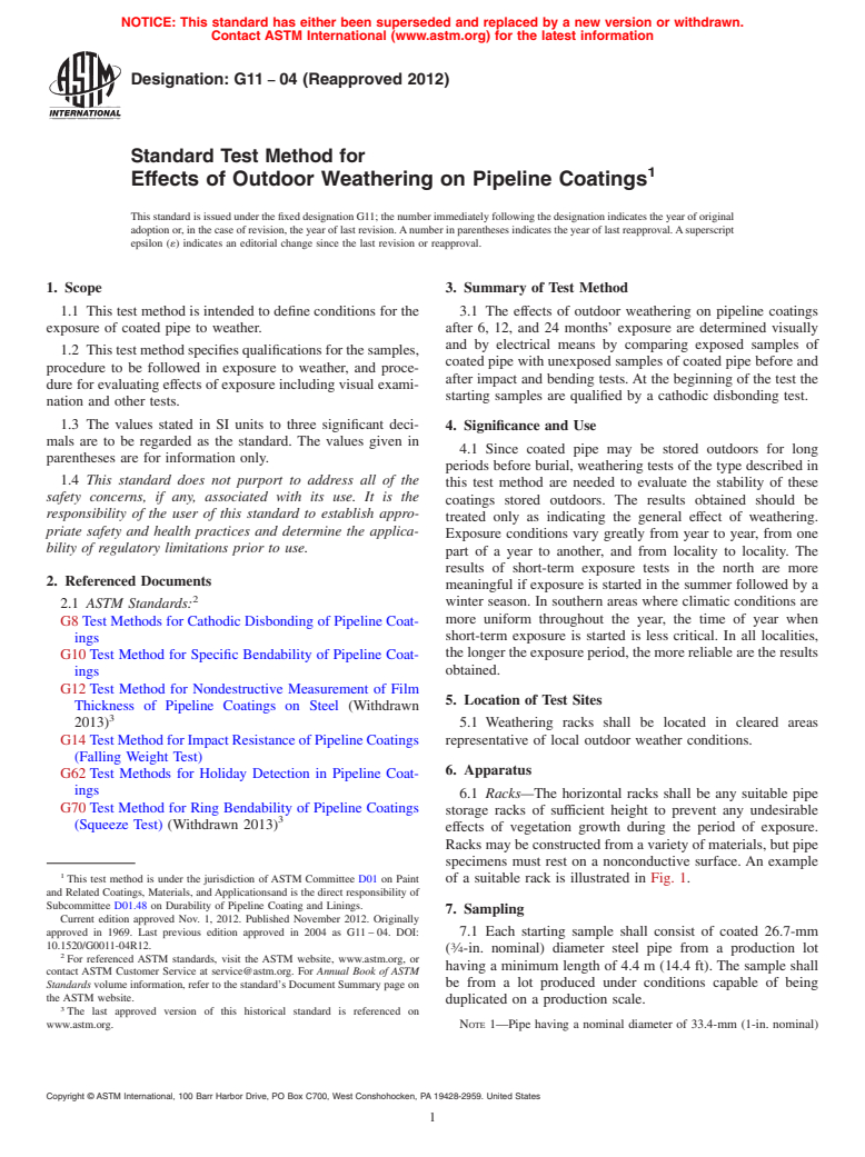 ASTM G11-04(2012) - Standard Test Method for  Effects of Outdoor Weathering on Pipeline Coatings