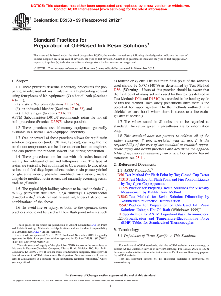 ASTM D5958-99(2012)e1 - Standard Practices for Preparation of Oil-Based Ink Resin Solutions