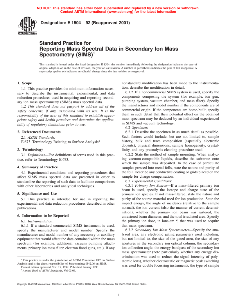 ASTM E1504-92(2001) - Standard Practice for Reporting Mass Spectral Data in Secondary Ion Mass Spectrometry (SIMS)