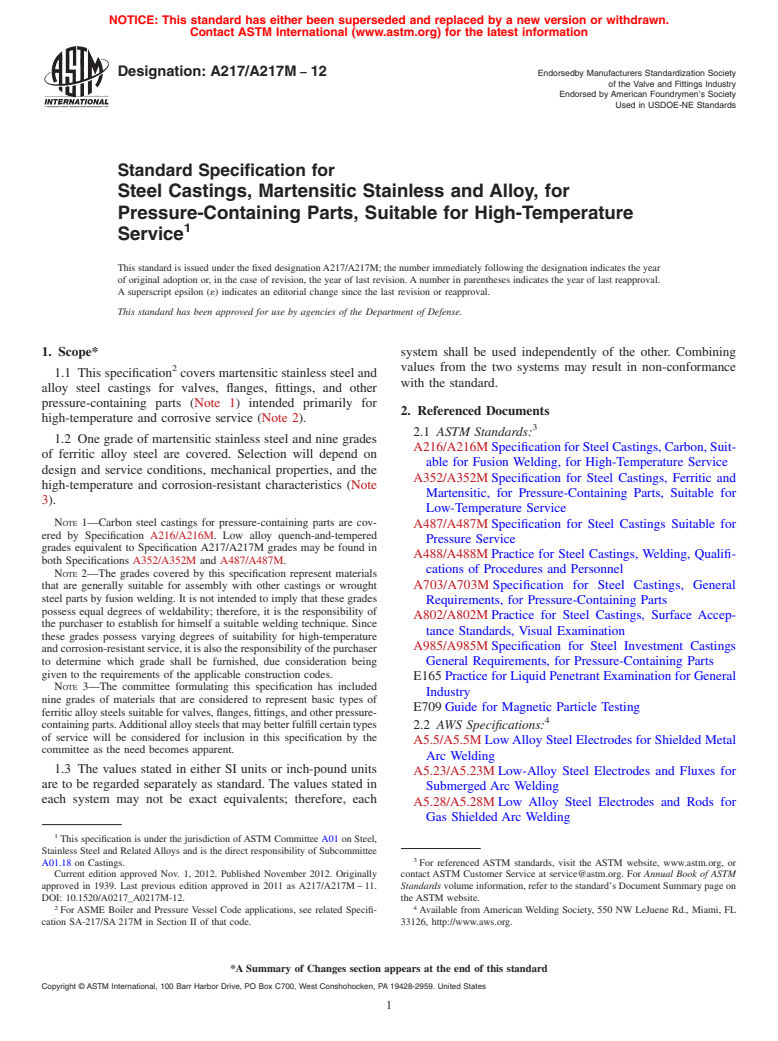 ASTM A217/A217M-12 - Standard Specification for Steel Castings, Martensitic Stainless and Alloy, for Pressure-Containing Parts, Suitable for High-Temperature Service
