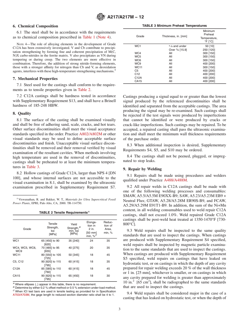 ASTM A217/A217M-12 - Standard Specification for Steel Castings, Martensitic Stainless and Alloy, for Pressure-Containing Parts, Suitable for High-Temperature Service