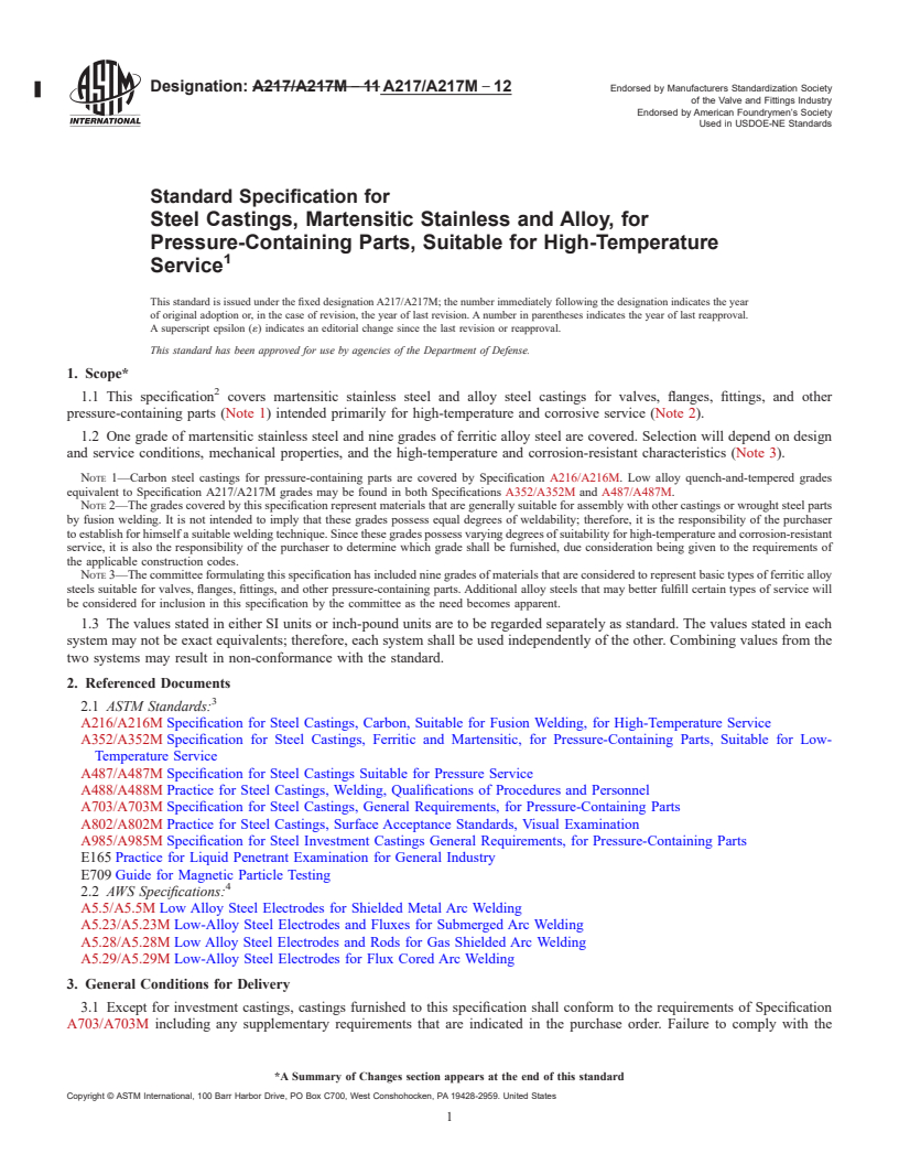 REDLINE ASTM A217/A217M-12 - Standard Specification for Steel Castings, Martensitic Stainless and Alloy, for Pressure-Containing Parts, Suitable for High-Temperature Service