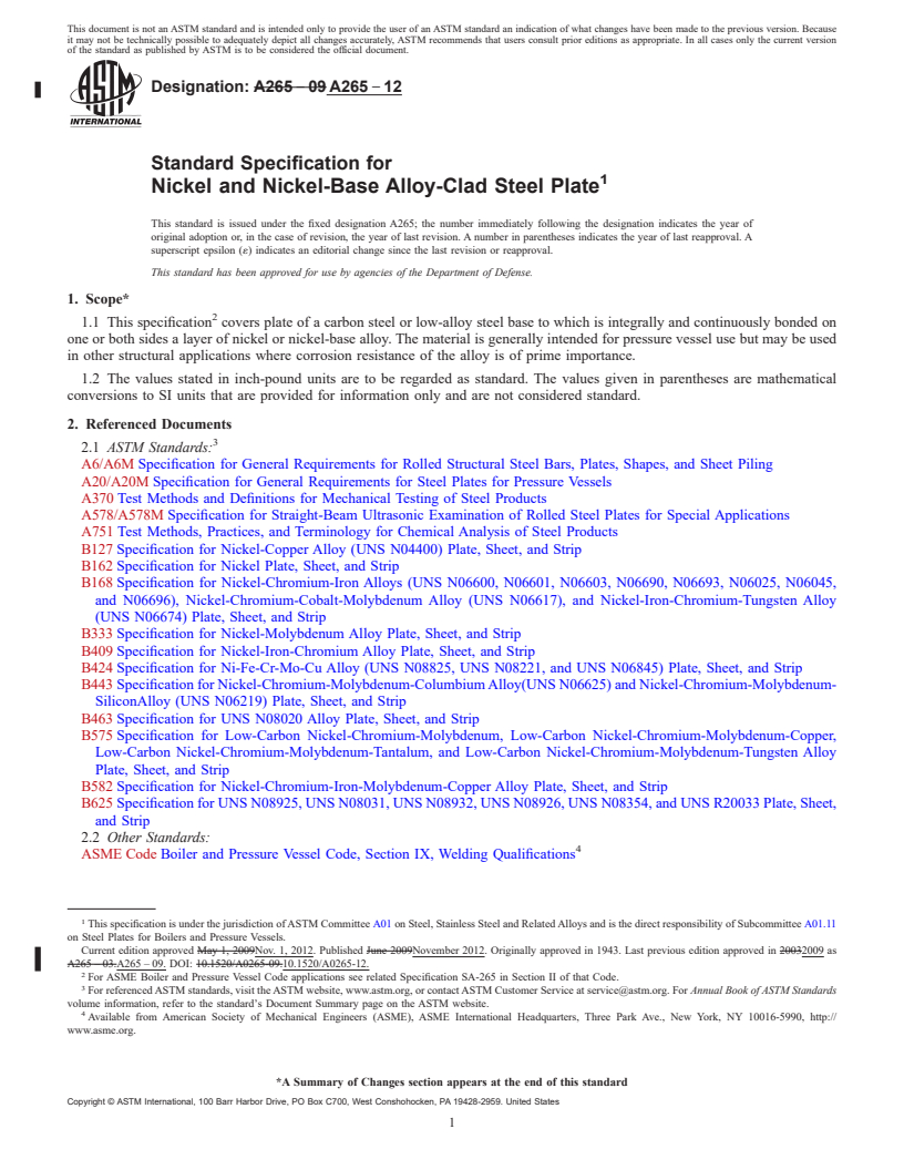 REDLINE ASTM A265-12 - Standard Specification for  Nickel and Nickel-Base Alloy-Clad Steel Plate