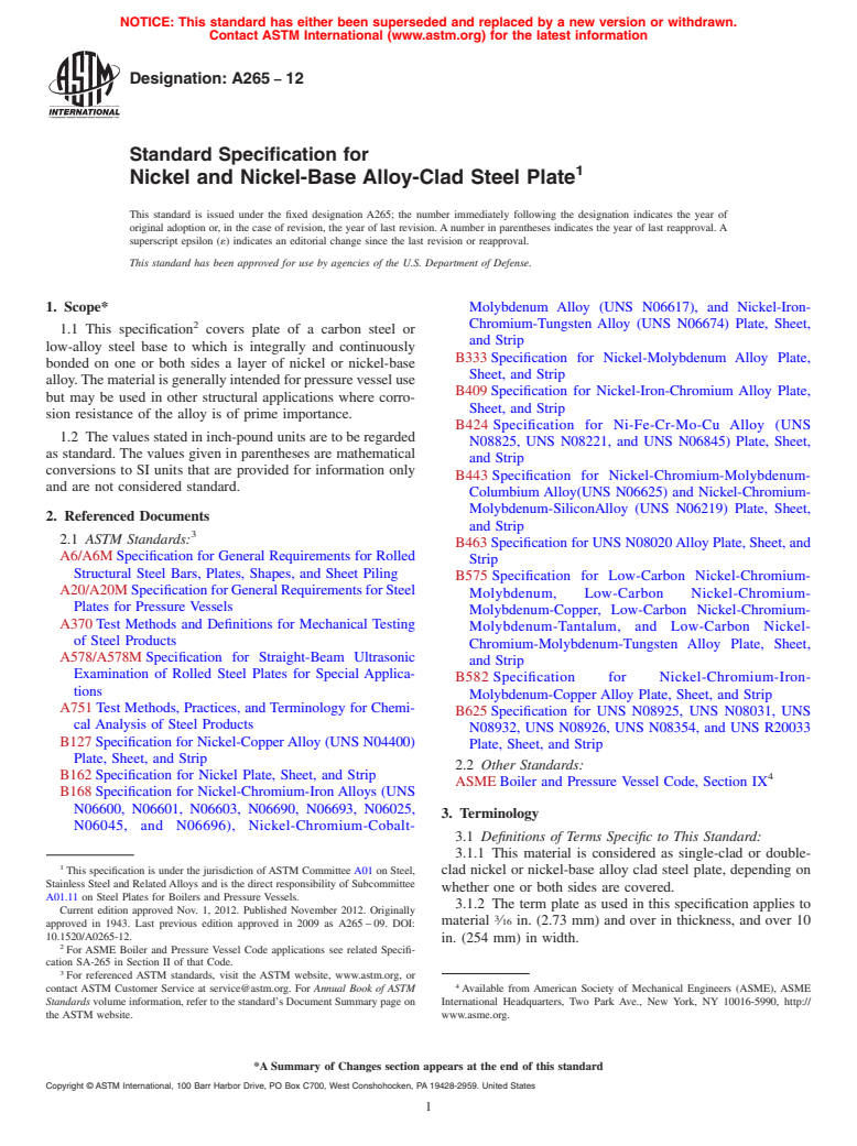 ASTM A265-12 - Standard Specification for  Nickel and Nickel-Base Alloy-Clad Steel Plate