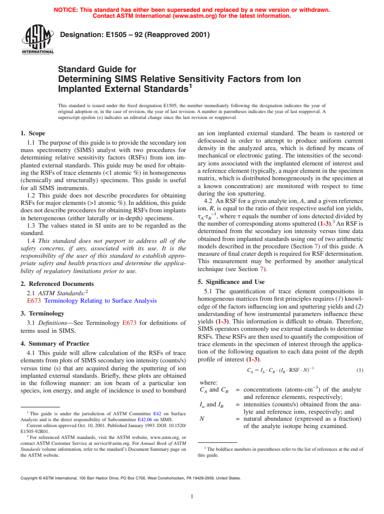 ASTM E1505-92(2001) - Standard Guide for Determining SIMS Relative Sensitivity Factors from Ion Implanted External Standards (Withdrawn 2010)