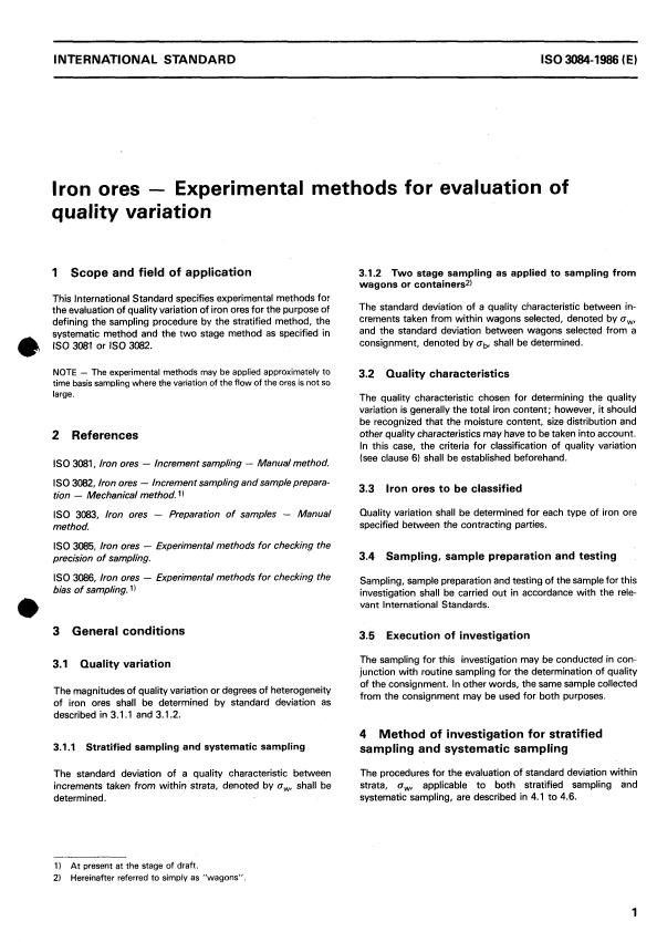 ISO 3084:1986 - Iron ores -- Experimental methods for evaluation of quality variation