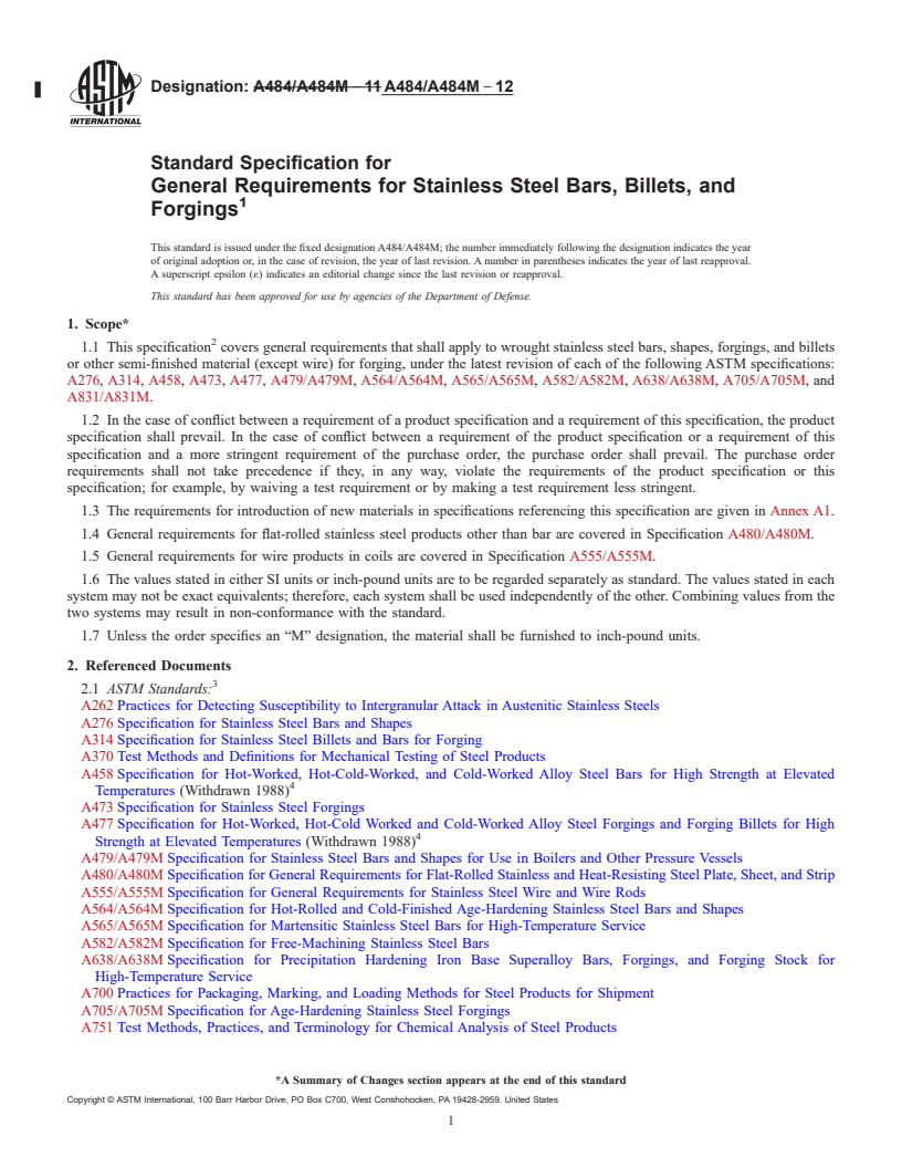 REDLINE ASTM A484/A484M-12 - Standard Specification for General Requirements for Stainless Steel Bars, Billets, and Forgings