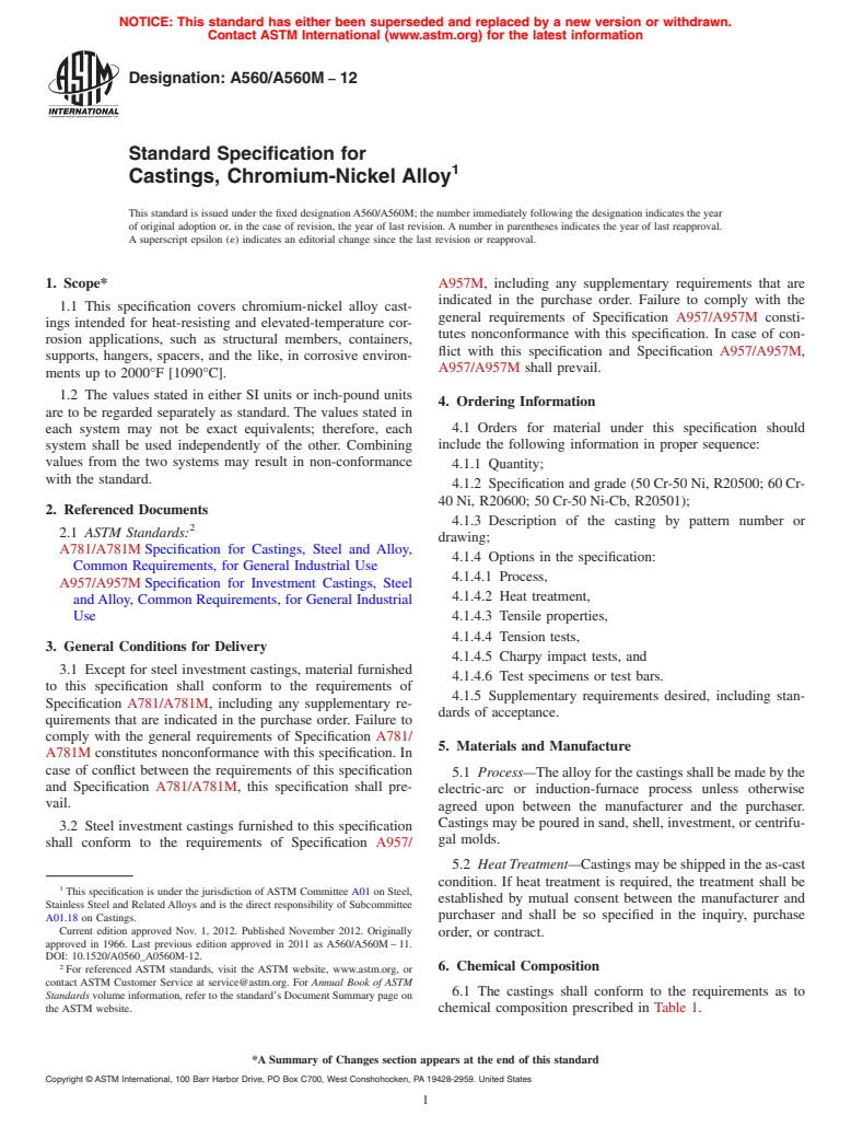 ASTM A560/A560M-12 - Standard Specification for Castings, Chromium-Nickel Alloy