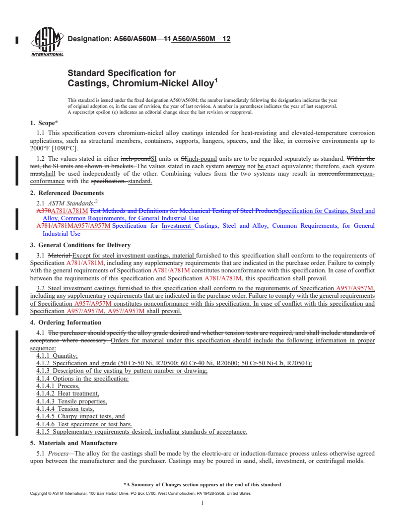 REDLINE ASTM A560/A560M-12 - Standard Specification for Castings, Chromium-Nickel Alloy