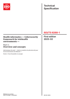ISO/TS 6268-1:2025 - Health informatics — Cybersecurity framework for telehealth environments — Part 1: Overview and concepts
Released:19. 02. 2025 - Page 1 preview