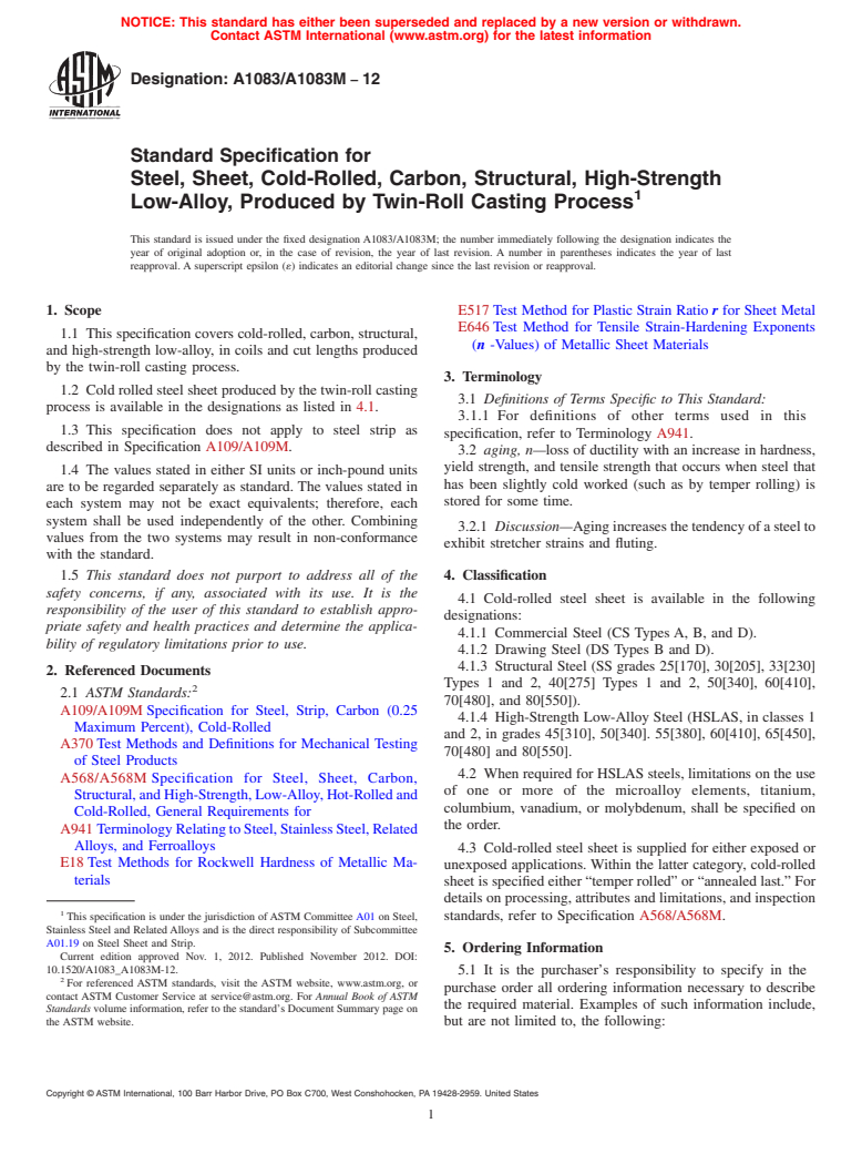 ASTM A1083/A1083M-12 - Standard Specification for Steel, Sheet, Cold-Rolled, Carbon, Structural, High-Strength Low-Alloy, Produced by Twin-Roll Casting Process