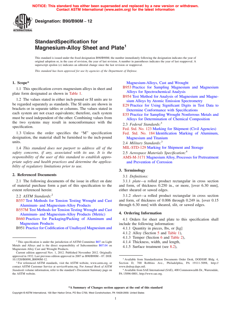 ASTM B90/B90M-12 - Standard Specification for Magnesium-Alloy Sheet and Plate