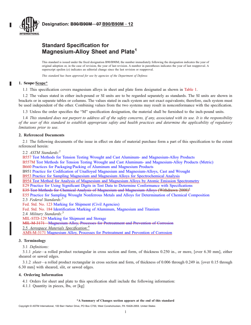 REDLINE ASTM B90/B90M-12 - Standard Specification for Magnesium-Alloy Sheet and Plate