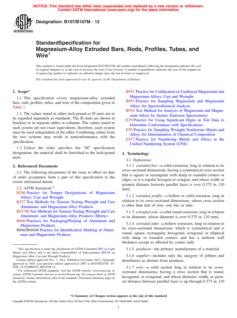 ASTM B107/B107M-12 - Standard Specification for Magnesium-Alloy Extruded Bars, Rods, Profiles, Tubes, and Wire