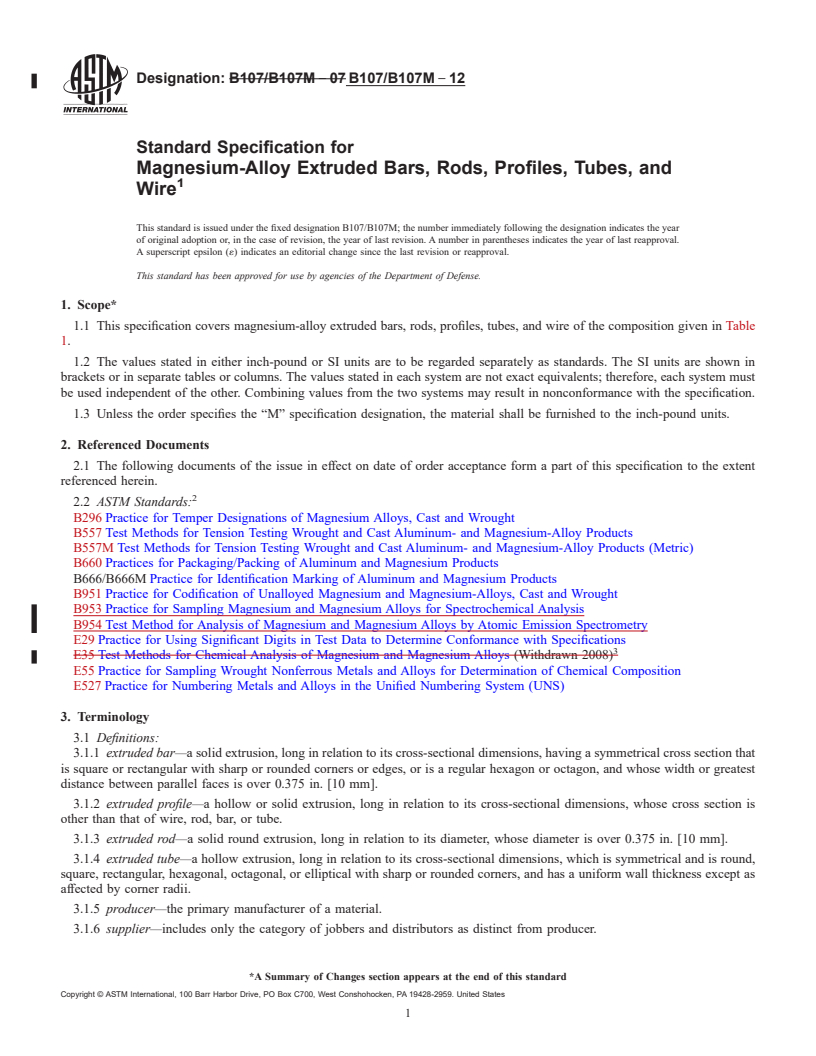 REDLINE ASTM B107/B107M-12 - Standard Specification for Magnesium-Alloy Extruded Bars, Rods, Profiles, Tubes, and Wire
