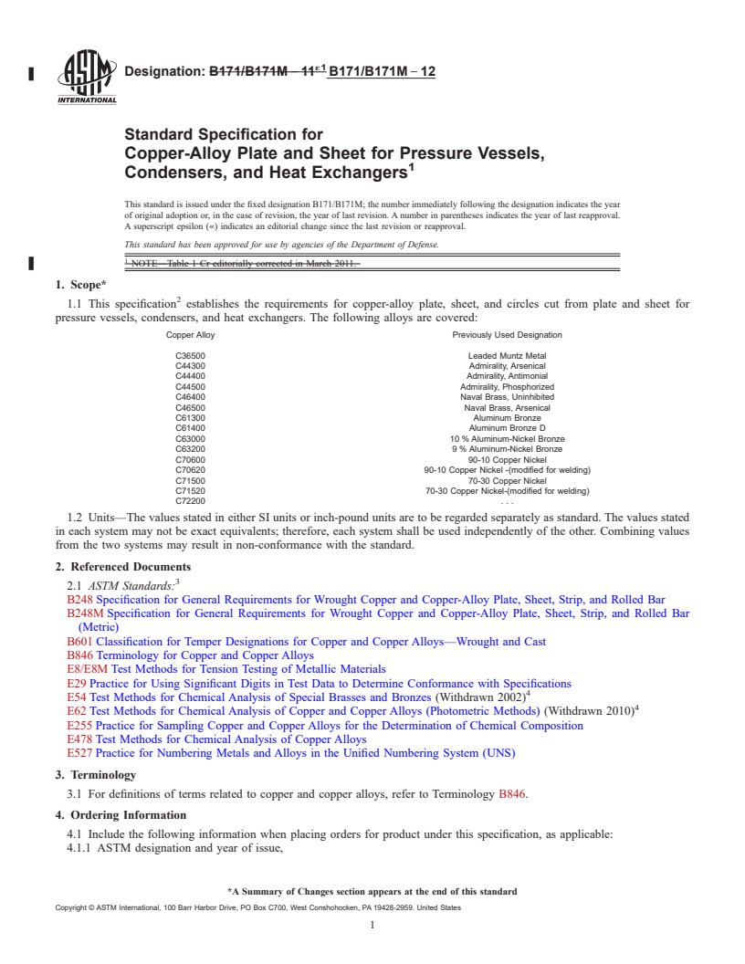 REDLINE ASTM B171/B171M-12 - Standard Specification for Copper-Alloy Plate and Sheet for Pressure Vessels, Condensers, and Heat Exchangers