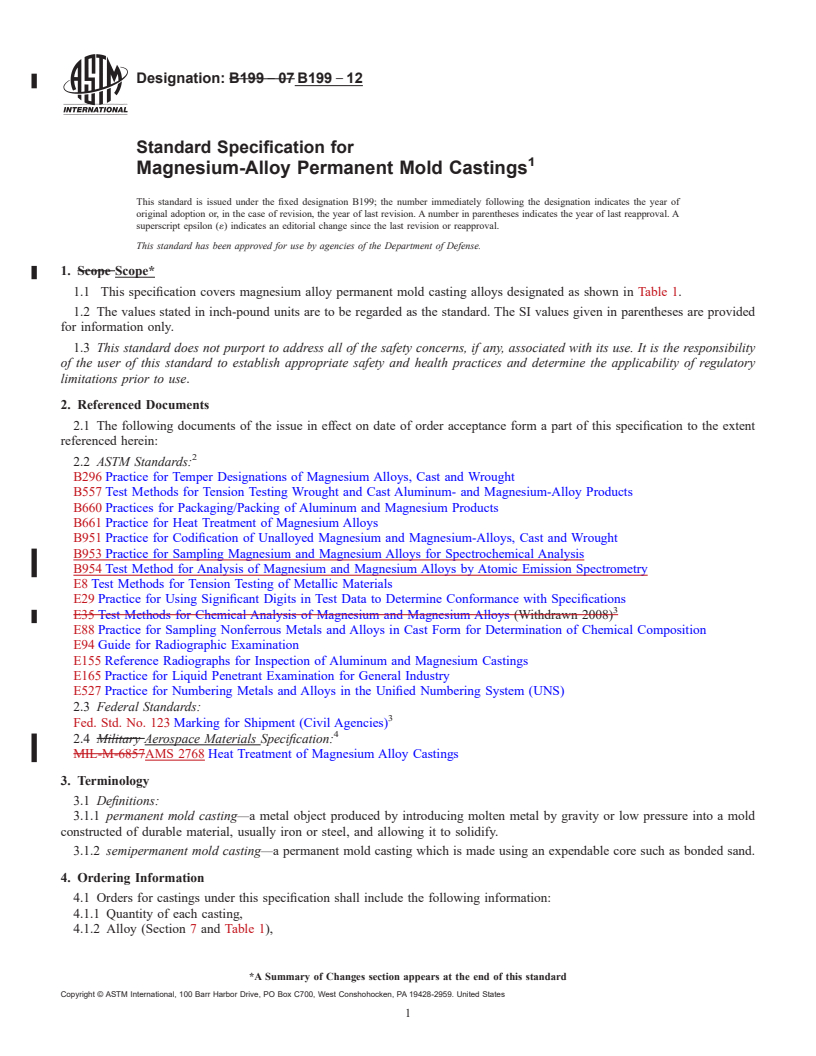 REDLINE ASTM B199-12 - Standard Specification for Magnesium-Alloy Permanent Mold Castings