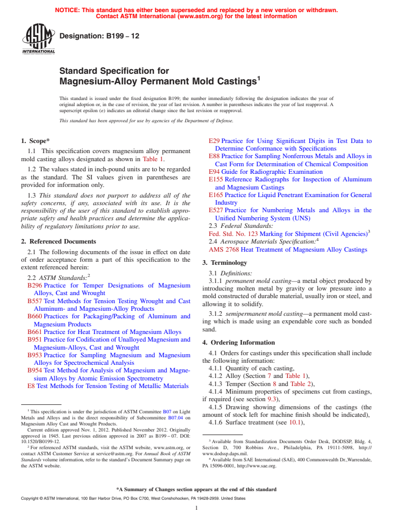 ASTM B199-12 - Standard Specification for Magnesium-Alloy Permanent Mold Castings