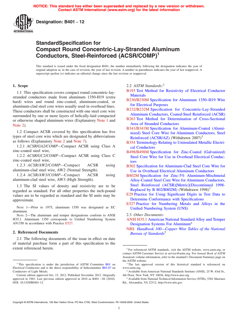 ASTM B401-12 - Standard Specification for Compact Round Concentric-Lay-Stranded Aluminum Conductors, Steel-Reinforced (ACSR/COMP)