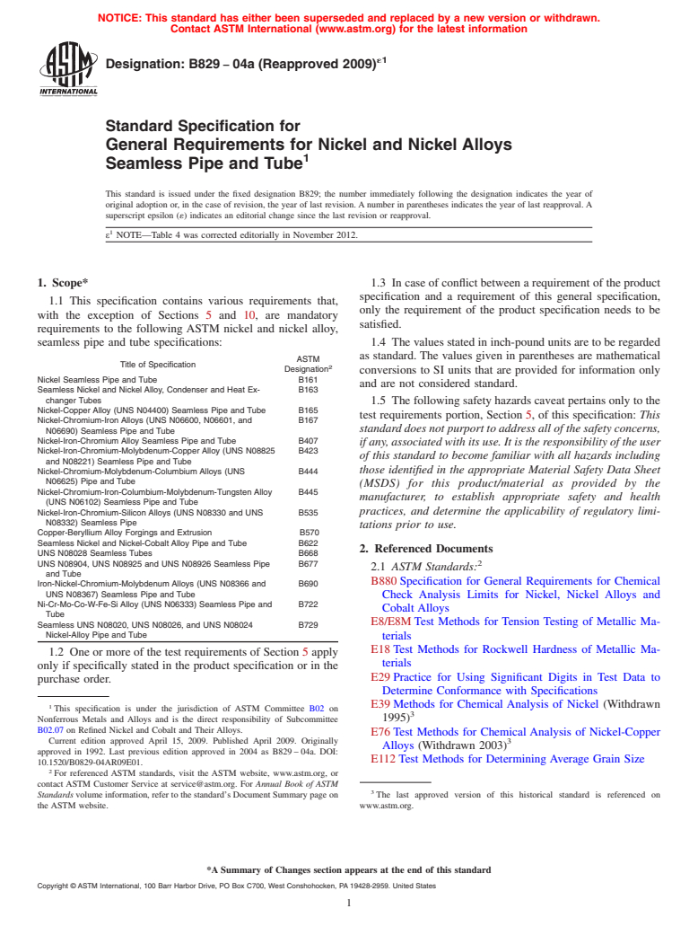 ASTM B829-04A(2009)e1 - Standard Specification for  General Requirements for Nickel and Nickel Alloys Seamless  Pipe and      Tube