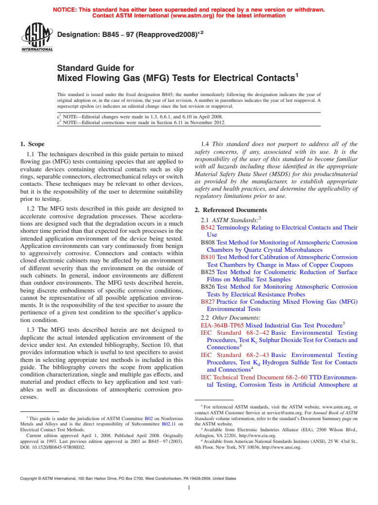 ASTM B845-97(2008)e2 - Standard Guide for  Mixed Flowing Gas (MFG) Tests for Electrical Contacts