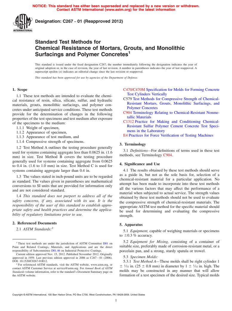 ASTM C267-01(2012) - Standard Test Methods for  Chemical Resistance of Mortars, Grouts, and Monolithic Surfacings  and Polymer Concretes