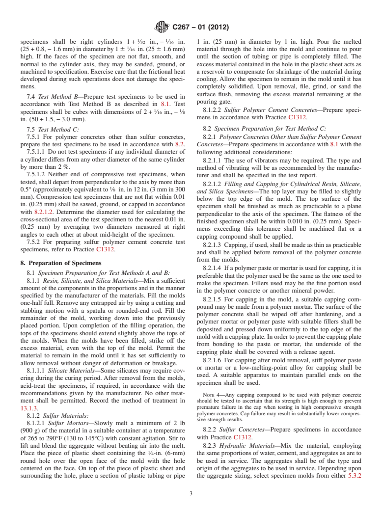 ASTM C267-01(2012) - Standard Test Methods for  Chemical Resistance of Mortars, Grouts, and Monolithic Surfacings  and Polymer Concretes