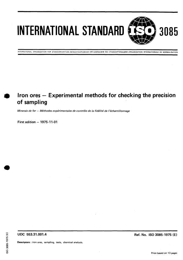 ISO 3085:1975 - Iron ores -- Experimental methods for checking the precision of sampling