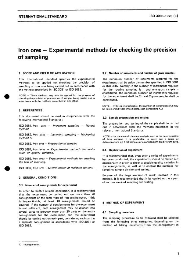 ISO 3085:1975 - Iron ores -- Experimental methods for checking the precision of sampling