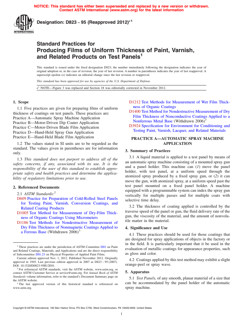 ASTM D823-95(2012)e1 - Standard Practices for  Producing Films of Uniform Thickness of Paint, Varnish, and  Related   Products on Test Panels