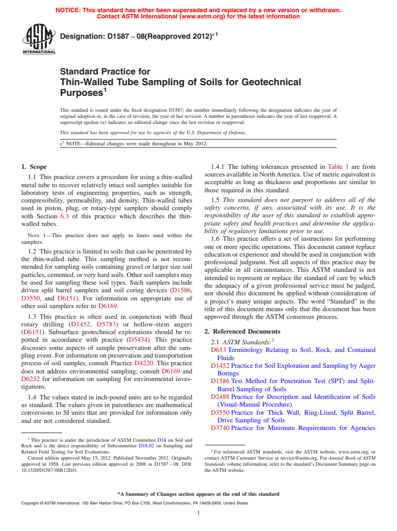 ASTM D1587-08(2012)e1 - Standard Practice for  Thin-Walled Tube Sampling of Soils for Geotechnical Purposes