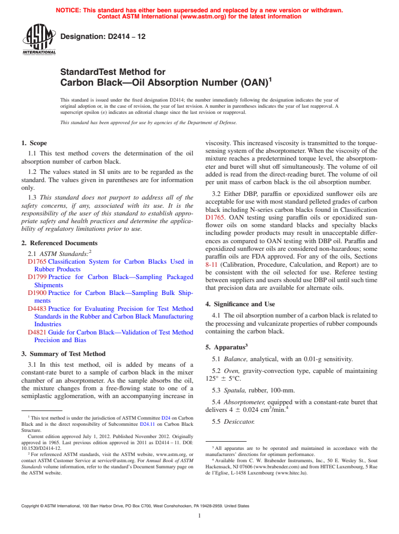 ASTM D2414-12 - Standard Test Method for  Carbon Black&mdash;Oil Absorption Number (OAN)